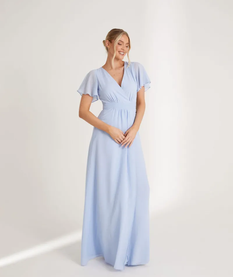 Six Stories Flutter Sleeve Wrap Tie Chiffon Bridesmaid Dress - Cornflower Blue