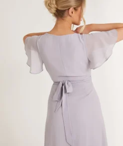 Discount Six Stories Flutter Sleeve Wrap Tie Chiffon Bridesmaid Dress - Dusty Lilac