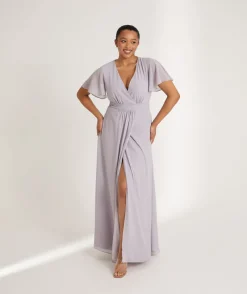 Discount Six Stories Flutter Sleeve Wrap Tie Chiffon Bridesmaid Dress - Dusty Lilac