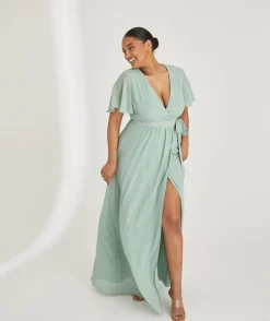 New Six Stories Flutter Sleeve Wrap Tie Chiffon Bridesmaid Dress - Sage