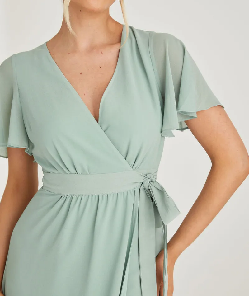 New Six Stories Flutter Sleeve Wrap Tie Chiffon Bridesmaid Dress - Sage