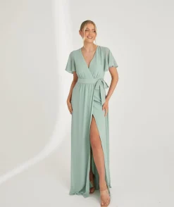 New Six Stories Flutter Sleeve Wrap Tie Chiffon Bridesmaid Dress - Sage