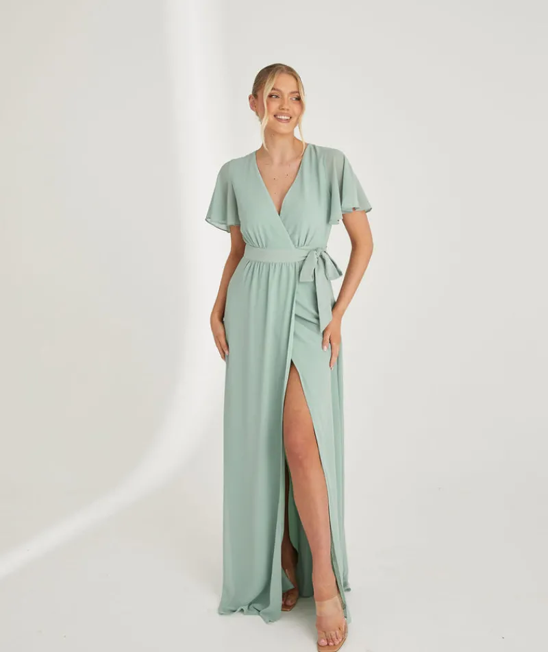 New Six Stories Flutter Sleeve Wrap Tie Chiffon Bridesmaid Dress - Sage