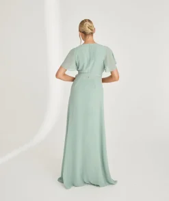 New Six Stories Flutter Sleeve Wrap Tie Chiffon Bridesmaid Dress - Sage