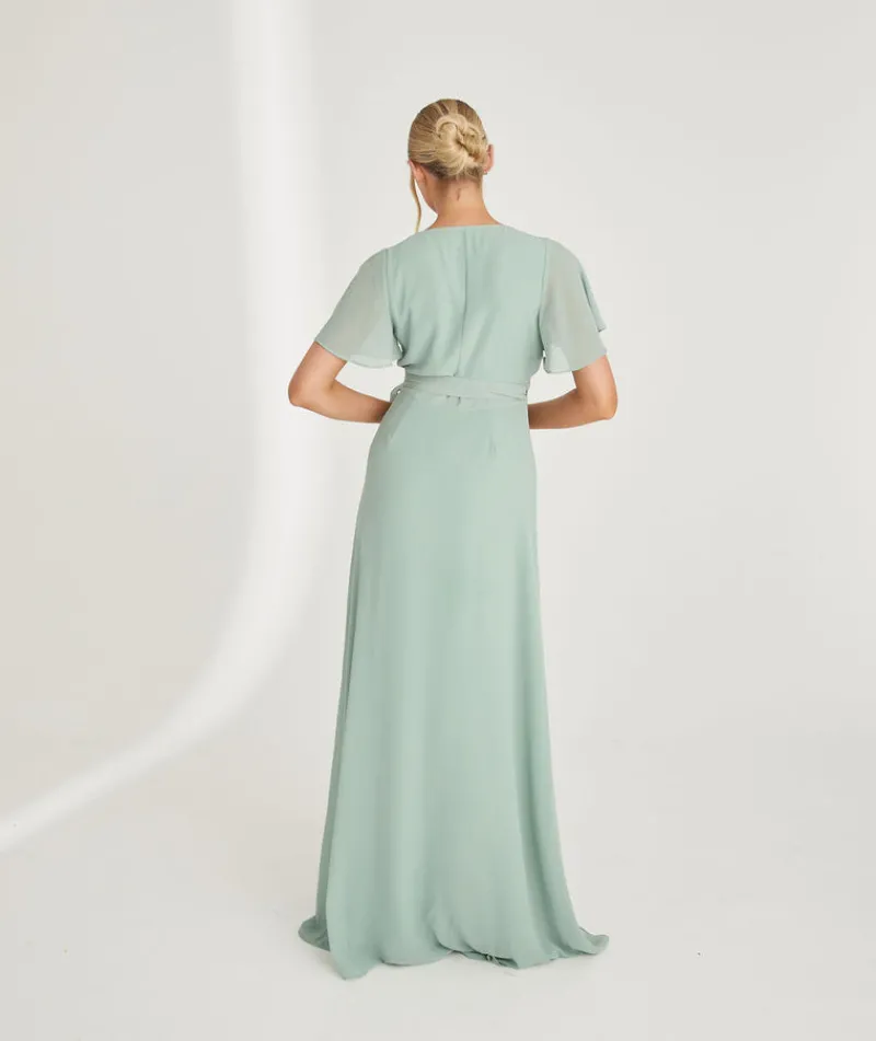 New Six Stories Flutter Sleeve Wrap Tie Chiffon Bridesmaid Dress - Sage