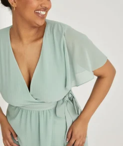 New Six Stories Flutter Sleeve Wrap Tie Chiffon Bridesmaid Dress - Sage