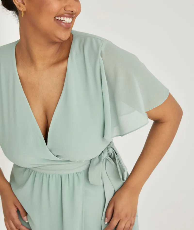 New Six Stories Flutter Sleeve Wrap Tie Chiffon Bridesmaid Dress - Sage