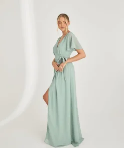 New Six Stories Flutter Sleeve Wrap Tie Chiffon Bridesmaid Dress - Sage