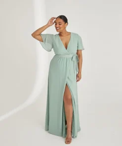 New Six Stories Flutter Sleeve Wrap Tie Chiffon Bridesmaid Dress - Sage