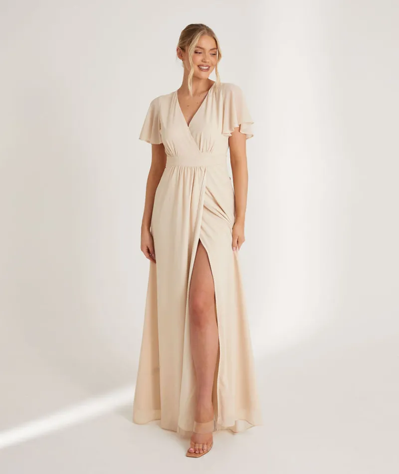 Hot Six Stories Flutter Sleeve Wrap Tie Chiffon Bridesmaid Dress - Butter Cream