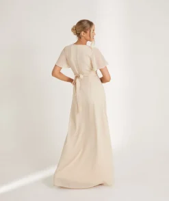 Hot Six Stories Flutter Sleeve Wrap Tie Chiffon Bridesmaid Dress - Butter Cream