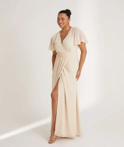 Hot Six Stories Flutter Sleeve Wrap Tie Chiffon Bridesmaid Dress - Butter Cream