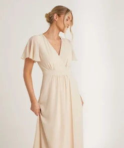 Hot Six Stories Flutter Sleeve Wrap Tie Chiffon Bridesmaid Dress - Butter Cream