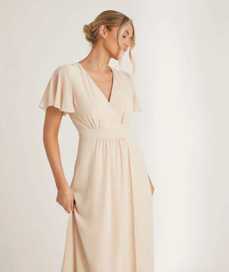 Hot Six Stories Flutter Sleeve Wrap Tie Chiffon Bridesmaid Dress - Butter Cream