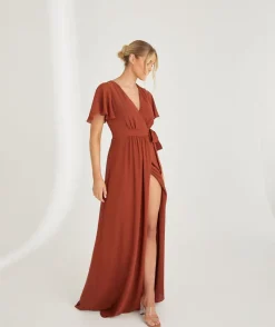 Sale Six Stories Flutter Sleeve Wrap Tie Chiffon Bridesmaid Dress - Rust