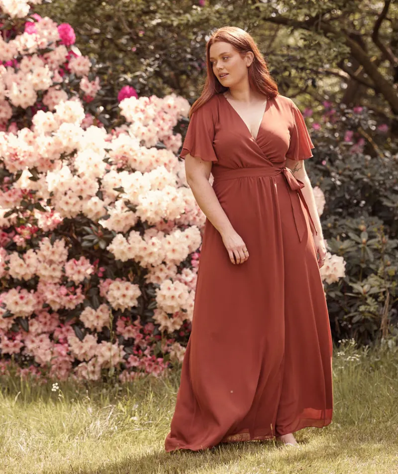 Sale Six Stories Flutter Sleeve Wrap Tie Chiffon Bridesmaid Dress - Rust