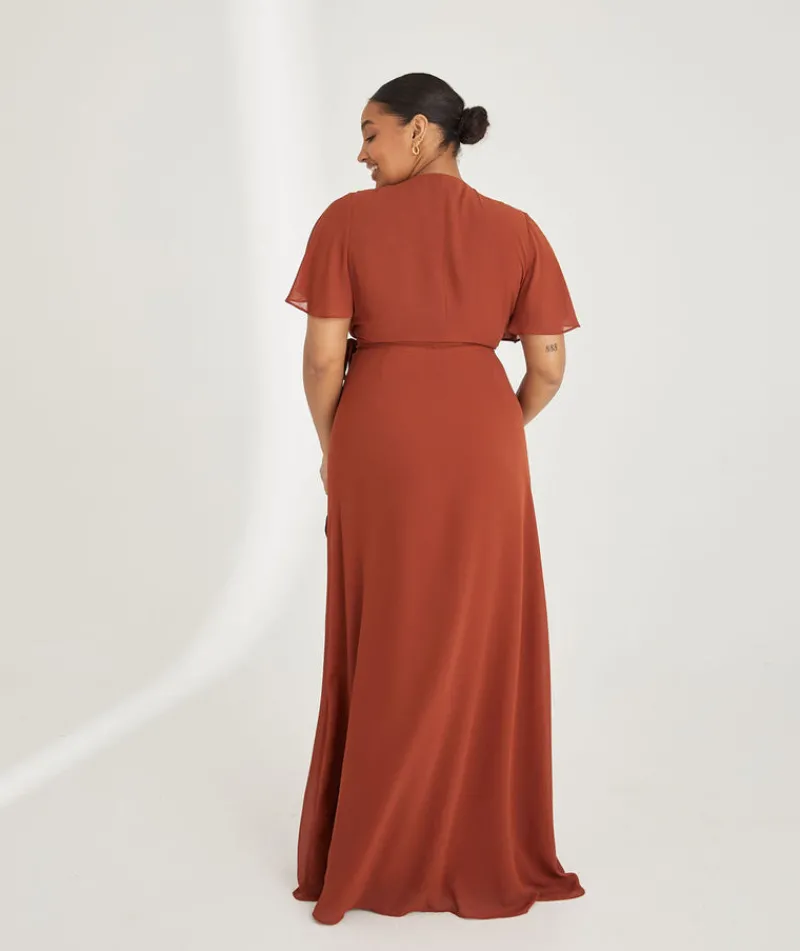 Sale Six Stories Flutter Sleeve Wrap Tie Chiffon Bridesmaid Dress - Rust