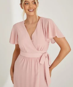 Online Six Stories Flutter Sleeve Wrap Tie Chiffon Bridesmaid Dress - Peony Pink