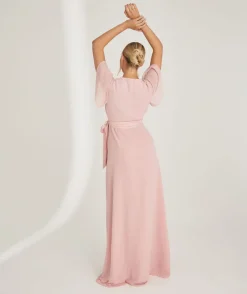 Online Six Stories Flutter Sleeve Wrap Tie Chiffon Bridesmaid Dress - Peony Pink