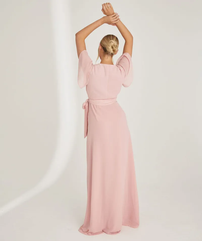 Online Six Stories Flutter Sleeve Wrap Tie Chiffon Bridesmaid Dress - Peony Pink