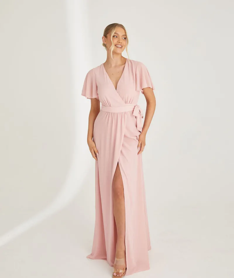 Online Six Stories Flutter Sleeve Wrap Tie Chiffon Bridesmaid Dress - Peony Pink