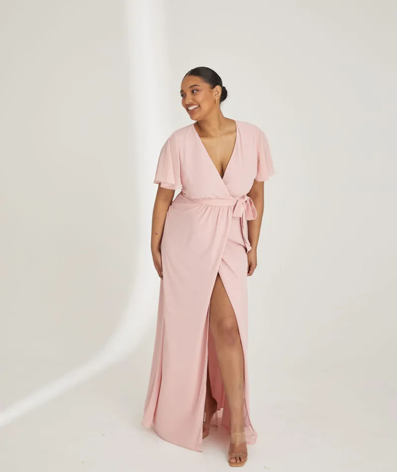 Online Six Stories Flutter Sleeve Wrap Tie Chiffon Bridesmaid Dress - Peony Pink