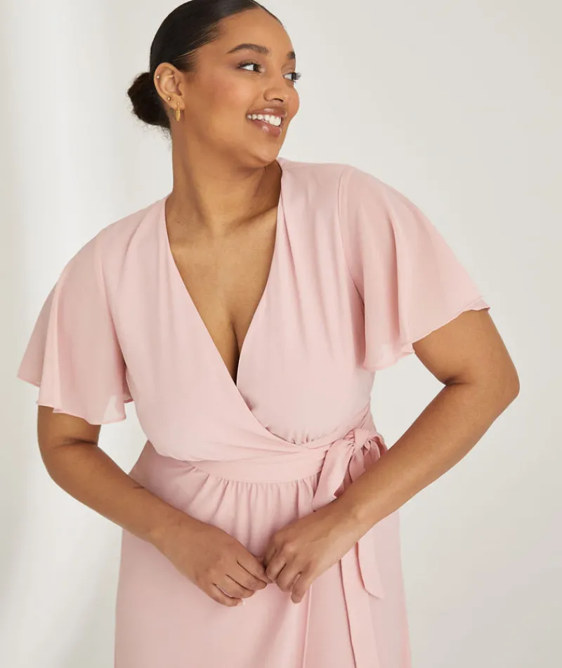 Online Six Stories Flutter Sleeve Wrap Tie Chiffon Bridesmaid Dress - Peony Pink
