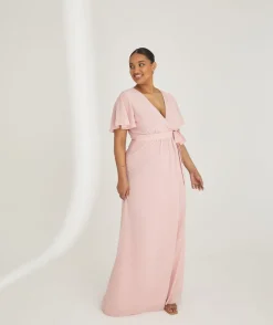Online Six Stories Flutter Sleeve Wrap Tie Chiffon Bridesmaid Dress - Peony Pink