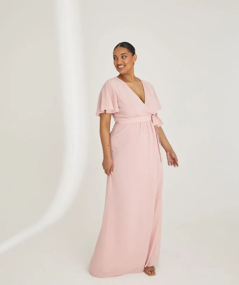 Online Six Stories Flutter Sleeve Wrap Tie Chiffon Bridesmaid Dress - Peony Pink