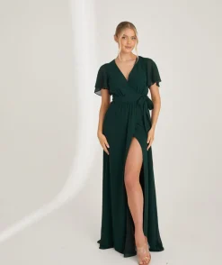 Six Stories Flutter Sleeve Wrap Tie Chiffon Bridesmaid Dress - Emerald