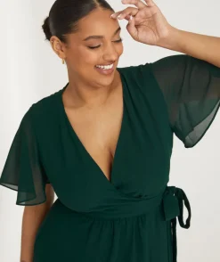 Six Stories Flutter Sleeve Wrap Tie Chiffon Bridesmaid Dress - Emerald