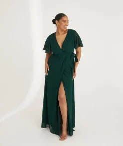Six Stories Flutter Sleeve Wrap Tie Chiffon Bridesmaid Dress - Emerald
