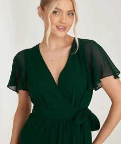 Six Stories Flutter Sleeve Wrap Tie Chiffon Bridesmaid Dress - Emerald