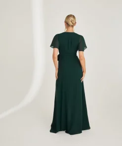 Six Stories Flutter Sleeve Wrap Tie Chiffon Bridesmaid Dress - Emerald
