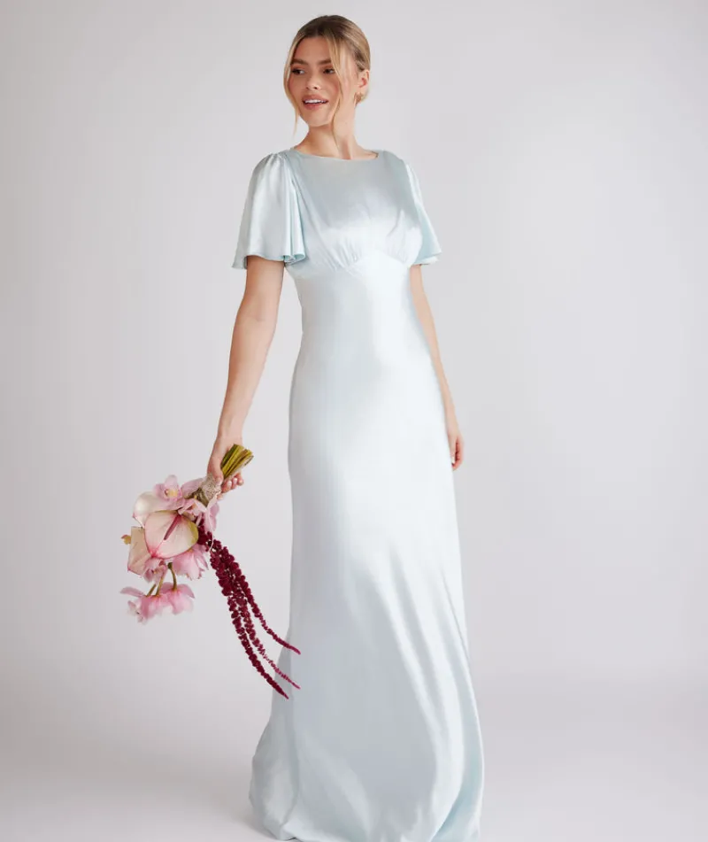 Sale Six Stories Gathered Bust Flutter Sleeve Satin Bridesmaid Dress - Ice Blue
