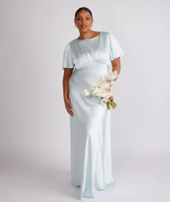 Sale Six Stories Gathered Bust Flutter Sleeve Satin Bridesmaid Dress - Ice Blue