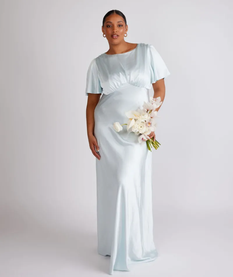 Sale Six Stories Gathered Bust Flutter Sleeve Satin Bridesmaid Dress - Ice Blue