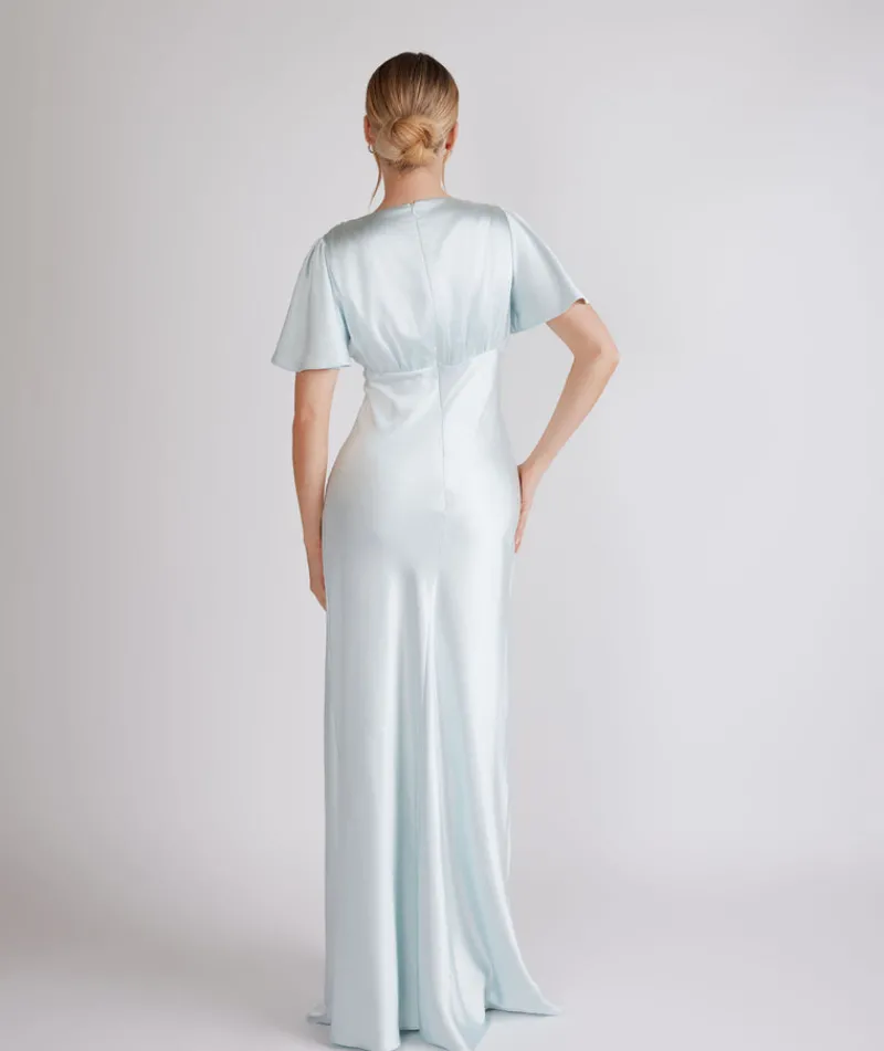 Sale Six Stories Gathered Bust Flutter Sleeve Satin Bridesmaid Dress - Ice Blue