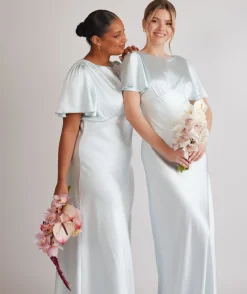 Sale Six Stories Gathered Bust Flutter Sleeve Satin Bridesmaid Dress - Ice Blue