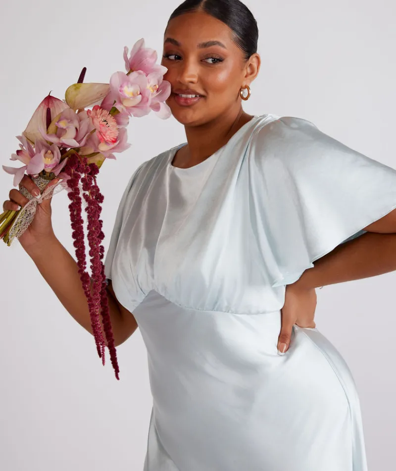 Sale Six Stories Gathered Bust Flutter Sleeve Satin Bridesmaid Dress - Ice Blue