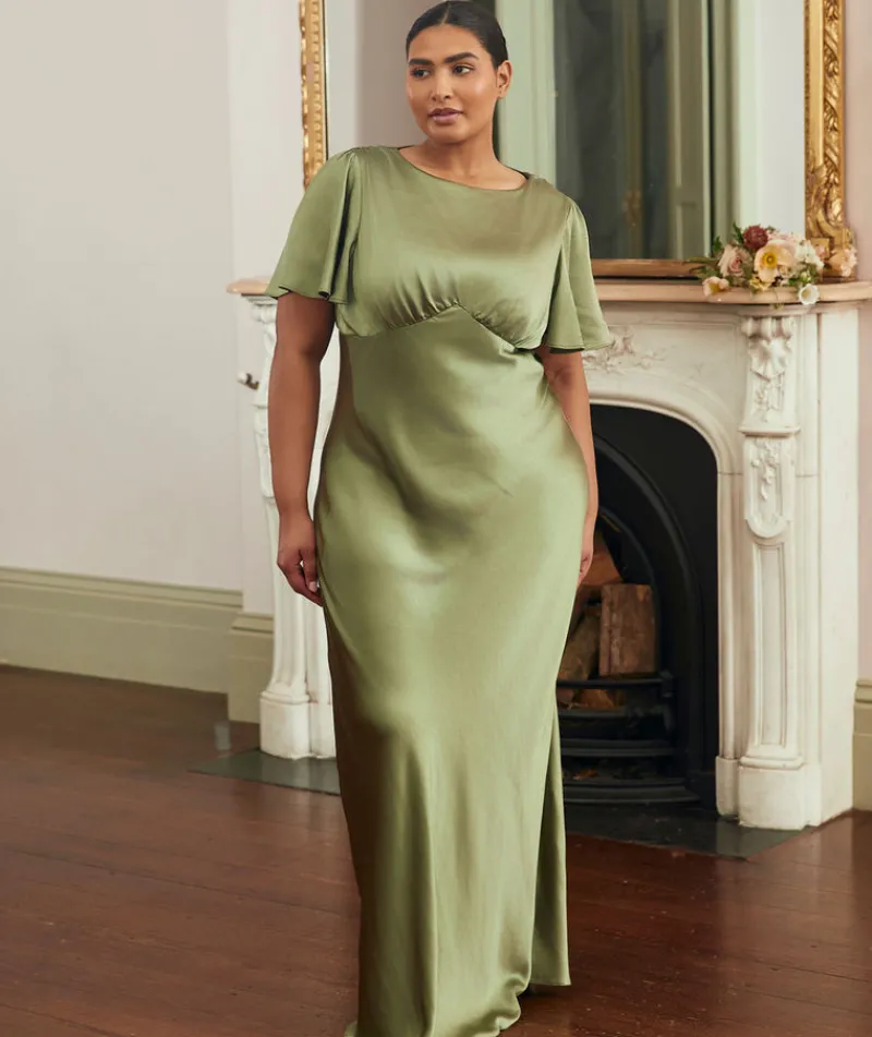 Online Six Stories Gathered Bust Flutter Sleeve Satin Bridesmaid Dress - Moss Green