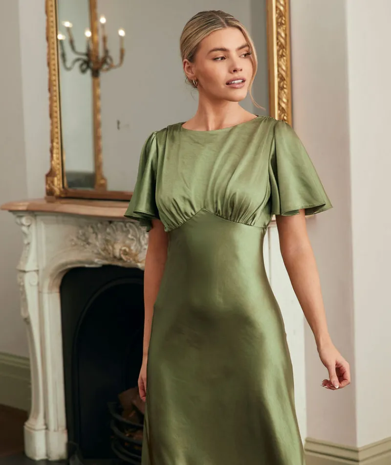 Online Six Stories Gathered Bust Flutter Sleeve Satin Bridesmaid Dress - Moss Green