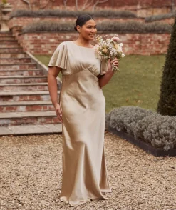 Six Stories Gathered Bust Flutter Sleeve Satin Bridesmaid Dress - Champagne