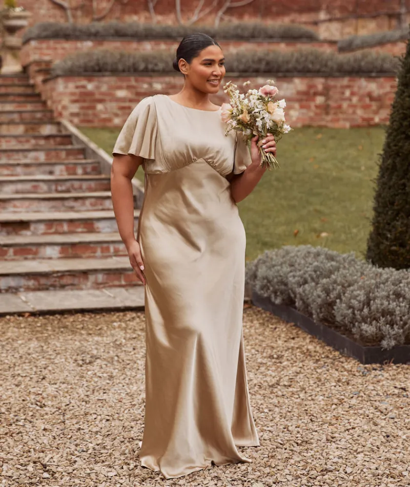 Six Stories Gathered Bust Flutter Sleeve Satin Bridesmaid Dress - Champagne