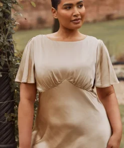 Six Stories Gathered Bust Flutter Sleeve Satin Bridesmaid Dress - Champagne