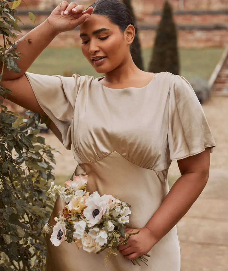 Six Stories Gathered Bust Flutter Sleeve Satin Bridesmaid Dress - Champagne