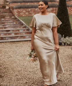Six Stories Gathered Bust Flutter Sleeve Satin Bridesmaid Dress - Champagne