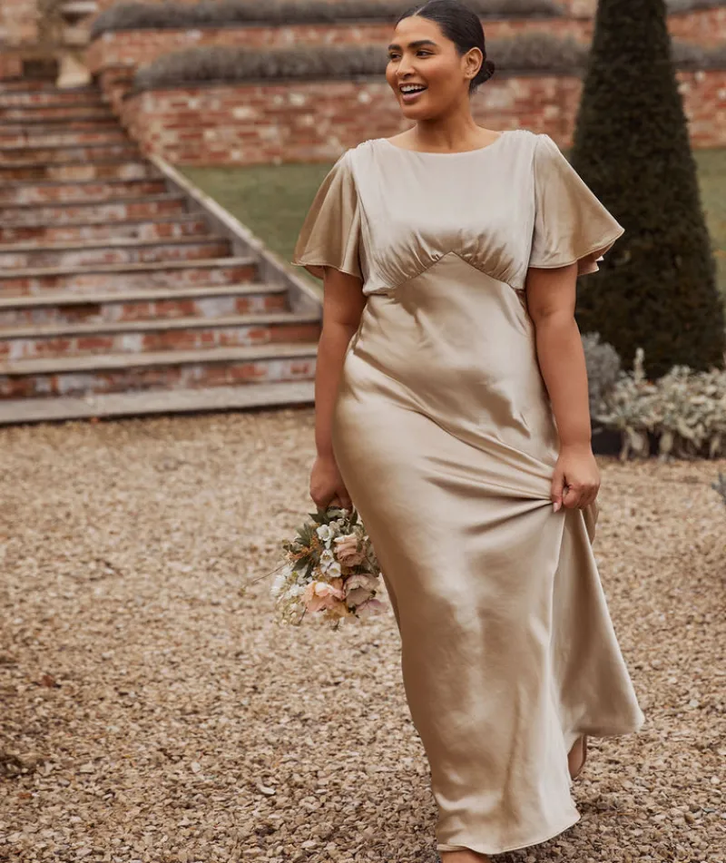 Six Stories Gathered Bust Flutter Sleeve Satin Bridesmaid Dress - Champagne