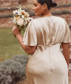 Six Stories Gathered Bust Flutter Sleeve Satin Bridesmaid Dress - Champagne