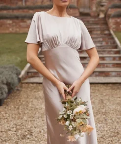 Online Six Stories Gathered Bust Flutter Sleeve Satin Bridesmaid Dress - Oyster